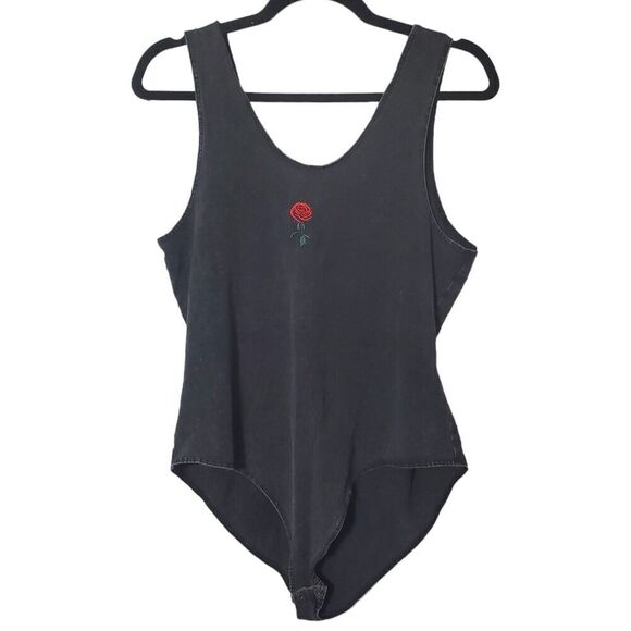 Urban Nation Rose Embroidered Bodysuit Size L Black Mineral Wash Stretchy Womens - Picture 1 of 9